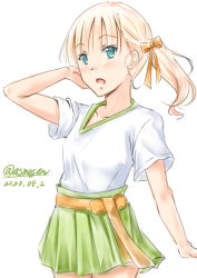 Rule 34 | 1girl, adapted costume, alternate costume, blonde hair, blouse, blue eyes, blunt bangs, casual, commentary request, cowboy shot, green skirt, hair ornament, hair ribbon, kantai collection, long hair, looking at viewer, mugen no hito, one-hour drawing challenge, pleated skirt, ribbon, shin&#039;you (kancolle), shirt, simple background, skirt, solo, white background, white shirt, yellow ribbon