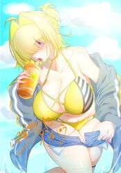 Rule 34 | 1girl, alternate costume, bibie307, bikini, blonde hair, blue shorts, breasts, cleavage, cup, denim, denim shorts, drink, elegg (nikke), goddess of victory: nikke, hair intakes, hair over eyes, highres, jacket, large breasts, navel, open clothes, plump, purple eyes, shorts, solo, swimsuit, yellow bikini