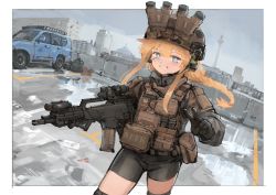 Rule 34 | 1girl, absurdres, artist request, bike shorts, black gloves, black shorts, blonde hair, blue eyes, blush, braid, braided ponytail, bulletproof vest, car, city, combat helmet, cow, gloves, gpnvg-18, gun, headset, helmet, highres, holding, holding gun, holding weapon, indie virtual youtuber, load bearing equipment, load bearing vest, long hair, long sleeves, military, motor vehicle, night-vision device, open mouth, outdoors, second-party source, shorts, smile, solo, sports utility vehicle, tactical clothes, teeth, v, virtual youtuber, weapon, whiskey project, wide field of view device