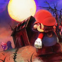 Rule 34 | 1girl, 2girls, bare tree, blue overalls, brown footwear, brown hair, byte (grunty-hag1), colored skin, disguise, doopliss, dual persona, facial hair, gloves, hat, imposter, looking at another, mario, mario (series), moon, multiple girls, mustache, nintendo, overalls, paper mario, paper mario: the thousand year door, pink hair, purple skin, red headwear, shed, transformation, tree, twilight, vivian (paper mario), white gloves
