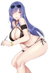 Rule 34 | 1girl, ;d, arm strap, azur lane, bare shoulders, bikini, black bikini, bracelet, breasts, choker, cleavage, collarbone, eyewear on head, hair over one eye, highres, jewelry, kitsune udon (ai br), large breasts, leaning forward, long hair, looking at viewer, navel, o-ring, one eye closed, open mouth, purple hair, red eyes, sidelocks, smile, sunglasses, swimsuit, thigh strap, thighs, trento (azur lane), trento (summer&#039;s hotness?) (azur lane), very long hair