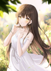 Rule 34 | 1girl, absurdres, bad id, bad pixiv id, bare arms, blurry, blurry background, blurry foreground, bracelet, brown hair, collarbone, commentary request, day, depth of field, dress, hands up, highres, jewelry, kyo (maae00), leaf, long hair, looking at viewer, original, outdoors, ribbon, smile, solo, standing, strap slip, very long hair, white ribbon, yellow eyes