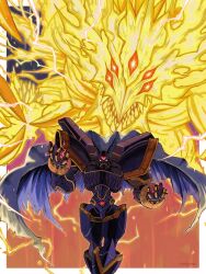 Rule 34 | alphamon, cape, digicore, digimon, digimon (creature), highres, looking at viewer, monster, red eyes, solo