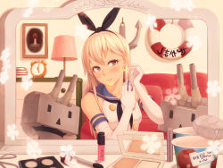 Rule 34 | 10s, 1girl, anchor, blonde hair, blush, earrings, elbow gloves, gloves, hairband, jewelry, kantai collection, kate (alice catharsis), lifebuoy, long hair, md5 mismatch, mirror, mouth hold, personification, rensouhou-chan, shimakaze (kancolle), solo, swim ring, white gloves