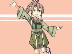 Rule 34 | 1girl, camouflage, commentary, english commentary, green kimono, green shorts, hachimaki, hakama, hakama pants, hakama shorts, headband, high ponytail, japanese clothes, kantai collection, kimono, light brown hair, long hair, looking at viewer, muneate, one-hour drawing challenge, pants, pink background, ponytail, shorts, sixten, smile, solo, standing, standing on one leg, two-tone background, waving, zuihou (kancolle)
