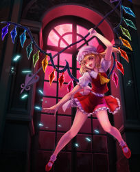 Rule 34 | 1girl, arm above head, arm up, ascot, blonde hair, bobby socks, flandre scarlet, floating, full moon, hat, hat ribbon, head tilt, highres, holding, holding weapon, indoors, laevatein, legs apart, light particles, looking at viewer, mary janes, mitama (mokochiko), mob cap, moon, night, open mouth, petticoat, puffy short sleeves, puffy sleeves, red eyes, red footwear, red moon, red skirt, red sky, red vest, ribbon, shirt, shoes, short hair, short sleeves, side ponytail, skirt, sky, socks, solo, teeth, touhou, upper teeth only, vest, weapon, white hat, white shirt, white socks, wings, yellow ascot