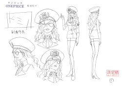 Rule 34 | 1girl, absurdres, boots, breasts, character sheet, curly hair, domino (one piece), full body, gloves, hat, high heel boots, high heels, highres, large breasts, lips, long hair, military, military hat, military uniform, monochrome, multiple views, necktie, official art, one piece, scan, sunglasses, thigh boots, toei animation, uniform, very long hair, white background, wide hips