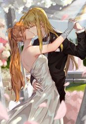 Rule 34 | 2girls, absurdres, alternate costume, back, bare shoulders, black bow, blonde hair, blurry, bow, bowtie, breasts, bride, brown hair, closed eyes, commentary request, couple, depth of field, dress, fate testarossa, female focus, flower, formal, garden, gloves, highres, holding hands, hug, interlocked fingers, kiss, long hair, long sleeves, lyrical nanoha, magical girl, mahou shoujo lyrical nanoha, mahou shoujo lyrical nanoha a&#039;s, mahou shoujo lyrical nanoha strikers, multiple girls, orange hair, outdoors, petals, side ponytail, sidelocks, small breasts, strapless, strapless dress, suit, takamachi nanoha, tuxedo, very long hair, wedding, wedding dress, wife and wife, xiao lu, yuri