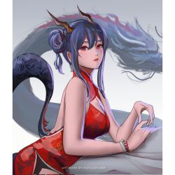 Rule 34 | 1girl, arknights, bare arms, bare shoulders, blue hair, breasts, ch&#039;en (ageless afterglow) (arknights), ch&#039;en (arknights), china dress, chinese clothes, cleavage, commentary, dragon, dragon horns, dragon tail, dress, eastern dragon, hair bun, highres, horns, long hair, notgustiarp, official alternate costume, red dress, red eyes, sleeveless, sleeveless dress, solo, tail, upper body