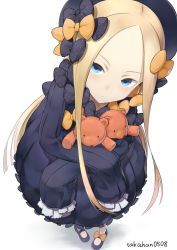 Rule 34 | 1girl, abigail williams (fate), absurdres, artist name, black bow, black dress, black hat, blonde hair, blue eyes, bow, bug, butterfly, closed mouth, commentary request, dress, fate/grand order, fate (series), from above, hair bow, hands in opposite sleeves, hat, head tilt, highres, hugging object, insect, long hair, long sleeves, looking at viewer, mary janes, orange bow, parted bangs, polka dot, polka dot bow, purple footwear, shoes, simple background, solo, standing, stuffed animal, stuffed toy, takahan, teddy bear, very long hair, white background