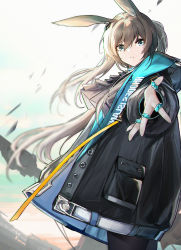 Rule 34 | 1girl, absurdres, amiya (arknights), animal ears, arknights, ascot, black ascot, black coat, black pantyhose, blue eyes, brown hair, buttons, coat, cowboy shot, eyebrows hidden by hair, floating hair, foreshortening, from side, hair between eyes, highres, hood, hooded coat, jewelry, jia redian ruzi ruzi, long hair, looking at viewer, looking to the side, open clothes, open coat, open hand, outstretched arm, pantyhose, parted lips, pocket, ponytail, rabbit ears, reaching, reaching towards viewer, ring, solo, very long hair
