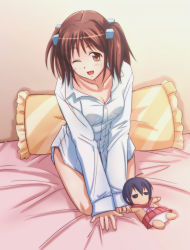 Rule 34 | 00s, 1girl, bed, brown eyes, brown hair, doll, e20, frilled pillow, frills, gokujou seitokai, cube hair ornament, hair ornament, kneeling, one eye closed, oume ayumu, pillow, solo, twintails, wink