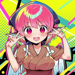 Rule 34 | 1girl, :d, animal ears, bird ears, bird wings, blush, breasts, colorful, double v, hands up, happy, highres, japanese clothes, kimono, large breasts, laska (572124034), looking at viewer, musical note, musical note print, mystia lorelei, okamisty, open mouth, outline, pink hair, pink outline, round teeth, sleeves rolled up, smile, solo, teeth, touhou, upper body, v, wings, yellow background