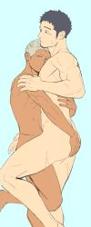 Rule 34 | 2boys, bara, black hair, blush, hug, itto (mentaiko), looking at viewer, male focus, multiple boys, muscular, nude, silver hair, size difference, tagme, yaoi