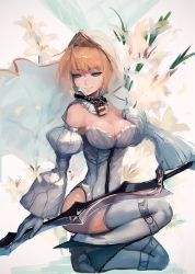Rule 34 | 1girl, aestus estus, blonde hair, breasts, chain, cleavage, commentary request, elbow gloves, fate/grand order, fate (series), gloves, green eyes, holding, holding sword, holding weapon, large breasts, leotard, lock, nero claudius (bride) (fate), nero claudius (bride) (third ascension) (fate), nero claudius (fate), nero claudius (fate) (all), rean (r ean), single hair intake, smile, solo, sword, thighhighs, veil, weapon, white gloves, white leotard, white thighhighs