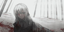 Rule 34 | 1girl, absurdres, black jacket, blood, blood on clothes, chihuri, collared shirt, commentary request, dress shirt, eve (chihuri), grey eyes, grey hair, grey shirt, hair between eyes, highres, jacket, long hair, looking at viewer, off shoulder, original, outdoors, parted lips, red eyes, red pupils, shirt, snow, solo, tree
