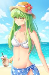 Rule 34 | 1girl, absurdres, artist name, beach, bikini, bikini top only, blue sky, blush, breasts, c.c., cleavage, cloud, code geass, collarbone, day, flower, frilled bikini, frilled bikini top, frills, front-tie bikini top, front-tie top, green hair, groin, hair between eyes, hat, hat flower, hat ribbon, hibiscus, highres, holding, long hair, looking at viewer, medium breasts, mistraia, navel, ocean, outdoors, parted lips, red flower, ribbon, sarong, sky, solo, standing, straight hair, straw hat, sun hat, swimsuit, white bikini, white ribbon, yellow eyes, yellow hat