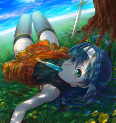 Rule 34 | 1girl, ahoge, black thighhighs, blue hair, breasts, clothes around waist, cloud, cloudy sky, day, fire emblem, fire emblem: path of radiance, fire emblem: radiant dawn, flower, food, grass, green eyes, hair between eyes, headband, knees up, long hair, looking at viewer, lying, medium breasts, mia (fire emblem), nintendo, on back, popsicle, ribbed shirt, shirt, sky, sleeveless, solo, soyo2106, sweat, sword, thighhighs, tree, weapon