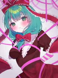 1girl @_@ blush bound bound_wrists bow breasts dress front_ponytail green_eyes green_hair kagiyama_hina long_hair looking_at_viewer pink_ribbon red_bow red_dress red_ribbon ribbon siomi_403 solo touhou