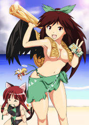 Rule 34 | 3girls, animal ears, artist request, beach, bikini, bikini top only, bow, braid, breasts, brown hair, cat ears, cat girl, cat tail, caution, censored, convenient censoring, day, female focus, hair bow, hair ribbon, kaenbyou rin, long hair, medium breasts, multiple girls, multiple tails, red eyes, red hair, reiuji utsuho, ribbon, sarong, short hair, side-tie bikini bottom, sumikaze midi, ^^^, swimsuit, tail, thumbs up, topfreedom, topless, touhou, towel, towel over breasts, twin braids, twintails, v, wings, zombie fairy (touhou)