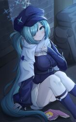 Rule 34 | 1girl, belt, blue archive, blush, capelet, commentary request, deriolet, green eyes, green hair, hair ornament, hair over one eye, hairclip, halo, hat, highres, hiyori (blue archive), knees up, long hair, long sleeves, looking at viewer, night, panties, pantyshot, peaked cap, side ponytail, sidelocks, sitting, skirt, solo, underwear, white panties, white skirt