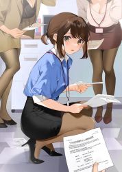 Rule 34 | 3girls, :o, black footwear, breasts, brown hair, cleavage, douki-chan (douki-chan), ganbare douki-chan, head out of frame, heel up, high-waist skirt, high heels, holding, holding paper, id card, kouhai-chan (douki-chan), lanyard, large breasts, leaning forward, looking at viewer, mikanoisi, multiple girls, office, office lady, pantyhose, paper, papers, pencil skirt, picking up, plunging neckline, ponytail, pov, pov hands, senpai-san (douki-chan), short ponytail, skirt, small breasts, solo focus, squatting