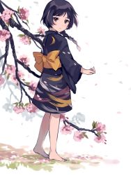 Rule 34 | 1girl, barefoot, black eyes, black hair, blush, braid, branch, cherry blossoms, highres, japanese clothes, kimono, original, petals, short kimono, single braid, solo, tan (tangent)