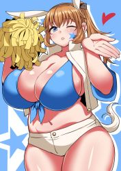 Rule 34 | 1girl, animal ears, bikini, bikini top only, blue background, blue bikini, blue eyes, breasts, brown hair, charlotte e. yeager, cheerleader, cleavage, collarbone, curvy, female focus, highres, huge breasts, komusou (jinrikisha), long hair, looking at viewer, navel, one eye closed, orange hair, pants, parted lips, plump, pom pom (cheerleading), ponytail, rabbit ears, rabbit girl, short shorts, shorts, skindentation, solo, standing, star tattoo, strike witches, swimsuit, tattoo, thighs, wide hips, wink, world witches series
