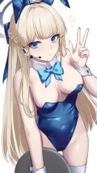 Rule 34 | 1girl, absurdres, animal ears, bare shoulders, blonde hair, blue archive, blue bow, blue bowtie, blue eyes, blue hair, blue leotard, bow, bowtie, braid, breasts, cleavage, detached collar, fake animal ears, fingernails, headset, highres, leotard, long hair, looking at viewer, medium breasts, multicolored hair, official alternate costume, playboy bunny, rabbit ears, simple background, solo, thighhighs, toki (blue archive), toki (bunny) (blue archive), two-tone hair, v, wakamepiza, white background, white thighhighs