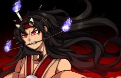 Rule 34 | 1jumangoku, 1other, androgynous, angry, bare shoulders, black background, black hair, blue fire, candle on head, clenched teeth, collarbone, commentary request, detached sleeves, fire, gradient background, hair lift, hairband, highres, holding, holding stick, japanese clothes, kimono, len&#039;en, long hair, looking ahead, mouth hold, other focus, red background, red eyes, red hairband, red ribbon, ribbon, sleeve ribbon, sleeveless, sleeveless kimono, solo, stick, taira no chouki, teeth, thick eyebrows, two-tone background, upper body, v-shaped eyebrows, very long hair, white kimono, white sleeves
