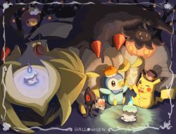 Rule 34 | bow, bowtie, clothed pokemon, commentary, creatures (company), dragon, dragon wings, drifloon, fire, framed, game freak, gen 1 pokemon, gen 4 pokemon, gen 5 pokemon, gen 6 pokemon, giratina, giratina (altered), halloween, hat, highres, legendary pokemon, litwick, mask, nintendo, no humans, open mouth, pikachu, piplup, pokemon, pokemon (creature), pumpkaboo, sitting, sleeping, smile, tongue, torinoko (miiko draw), wings, yamask