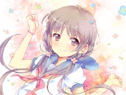 Rule 34 | 1girl, blue skirt, blush, bracelet, brown eyes, closed mouth, ech, floral background, flower, grey hair, hair flower, hair ornament, jewelry, long hair, looking at viewer, low twintails, neckerchief, original, pleated skirt, red neckerchief, school uniform, serafuku, shirt, short sleeves, skirt, smile, solo, twintails, upper body, very long hair