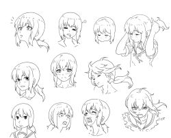 Rule 34 | 1girl, = =, adjusting hair, angry, bad id, bad pixiv id, blush, character sheet, crying, expressions, closed eyes, fubuki (kancolle), greyscale, kantai collection, monochrome, multiple views, open mouth, parody, ponytail, sad, saliva, saliva trail, school uniform, screaming, shiesta16, short hair, sleeping, sleepy, smile, style parody, tears, torn clothes