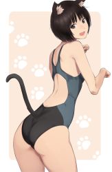 Rule 34 | 1girl, amagami, animal ears, ass, black one-piece swimsuit, border, brown eyes, brown hair, cat ears, cat tail, clip studio paint (medium), commentary request, competition swimsuit, from behind, kemonomimi mode, looking at viewer, one-piece swimsuit, open mouth, painttool sai (medium), paw pose, paw print, photoshop (medium), pink background, serizawa (serizawaroom), short hair, smile, solo, swimsuit, tachibana miya, tail, two-tone background, white border