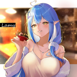 Rule 34 | 1girl, ahoge, alternate costume, arurire, bar (place), blue coat, blue hair, blurry, blurry background, blush, bokeh, breasts, camisole, casual, character name, cleavage, coat, commentary, cup, depth of field, flower, fur-trimmed coat, fur trim, grin, hair flower, hair intakes, hair ornament, heart, heart ahoge, highres, holding, holding cup, hololive, jewelry, large breasts, light blue hair, long hair, looking at viewer, multicolored hair, necklace, off shoulder, open clothes, open coat, pointy ears, sakazuki, smile, solo, sparkle, strap slip, streaked hair, teeth, two-tone hair, upper body, virtual youtuber, white camisole, yellow eyes, yukihana lamy