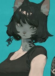 Rule 34 | 1girl, :3, absurdres, animal ear fluff, animal ears, black hair, black shirt, blue background, blue eyes, bob cut, body fur, breasts, cat ears, cat girl, cat tail, closed mouth, commentary, furry, furry female, highres, looking at viewer, medium breasts, original, shirt, short sleeves, simple background, snout, solo, symbol-only commentary, t-shirt, tail, tail raised, tomochiso, upper body