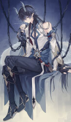 Rule 34 | 1boy, arm support, artist name, black footwear, black gloves, black hair, blue eyes, blue hair, blue horns, blue sash, boots, chain, chained, chinese clothes, cleavage cutout, clothing cutout, commentary request, dan heng (honkai: star rail), dan heng (imbibitor lunae) (honkai: star rail), detached sleeves, dragon boy, dragon horns, dragon tail, earrings, eyeliner, fingerless gloves, gloves, gold earrings, gold trim, gradient background, grey background, grey pants, hair between eyes, hand up, highres, holding orb, honkai: star rail, honkai (series), horns, jewelry, long hair, long sleeves, looking at viewer, makeup, male focus, mandarin collar, mogi (green tea planet), multicolored hair, orb, pants, parted lips, pointy ears, red eyeliner, ribbon, sash, shirt, signature, simple background, single bare shoulder, sitting, sleeveless, sleeveless shirt, solo, tail, very long hair, white ribbon, white shirt, white sleeves, wide sleeves