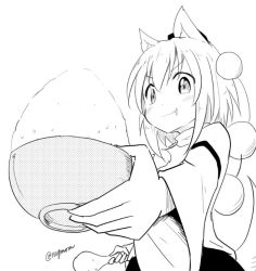 Rule 34 | &gt;:3, 1girl, :3, animal ears, blush, bowl, dutch angle, food, foreshortening, greyscale, hat, holding, holding food, inubashiri momiji, looking at viewer, monochrome, pom pom (clothes), shirt, smile, solo, spoon, tail, taurine 8000mg, tokin hat, touhou, twitter username, v-shaped eyebrows, white background, white shirt, wide sleeves, wolf ears, wolf tail