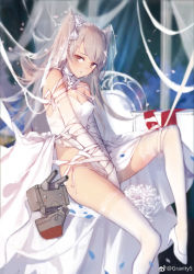 Rule 34 | 1girl, absurdres, amatsukaze (kancolle), bare shoulders, bdsm, between legs, blurry, bondage, bound, bouquet, breasts, brown eyes, cleavage, depth of field, dress, elbow gloves, flower, gloves, grey hair, hair flower, hair ornament, hand between legs, high heels, highres, kantai collection, lace, lace-trimmed legwear, lace trim, leg up, long hair, panties, parted lips, rensouhou-kun, ribbon, ribbon bondage, side-tie panties, small breasts, solo, string panties, swd3e2, swept bangs, thighhighs, two side up, underwear, veil, wedding dress, white dress, white gloves, white panties, white thighhighs