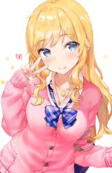 Rule 34 | 1girl, blonde hair, blue bow, blue eyes, blush, bow, breasts, bvucki36gzoeq1c, candy, closed mouth, collarbone, food, heart, highres, idolmaster, idolmaster cinderella girls, jewelry, large breasts, lollipop, long sleeves, looking at viewer, nail polish, necklace, ohtsuki yui, pink nails, smile, solo, tongue, tongue out