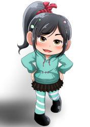 Rule 34 | 1girl, abutomato, black hair, blush, child, disney, highres, looking at viewer, open mouth, solo, tongue, vanellope von schweetz, white background, wreck-it ralph