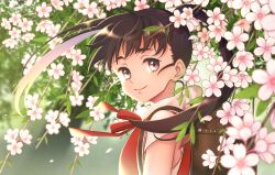 Rule 34 | 1girl, absurdres, backpack, bag, black hair, cherry blossoms, closed mouth, floating hair, flower, from side, highres, long hair, neck ribbon, original, pink flower, purple eyes, red ribbon, red vest, ribbon, shirt, short sleeves, sibato5, smile, solo, twintails, upper body, vest, white shirt