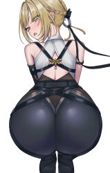 1girl artist_request ass ass_focus bare_shoulders blonde_hair blue_eyes blush embarrassed evelyn_chevalier from_behind hair_ornament hair_ribbon half_updo huge_ass looking_at_viewer looking_back open_mouth pants ribbon short_hair_with_long_locks solo squatting zenless_zone_zero