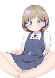 Rule 34 | 1girl, atg (wttoo0202), barefoot, blouse, blue dress, blue eyes, brown hair, collared shirt, colored eyelashes, commentary request, dress, female focus, grin, highres, indian style, looking at viewer, love live!, love live! superstar!!, multicolored hair, neck ribbon, panties, pinafore dress, pleated dress, purple hair, red ribbon, ribbon, shirt, short sleeves, simple background, sitting, sleeveless, sleeveless dress, smile, solo, streaked hair, tang keke, underwear, white background, white panties, white shirt