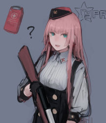 Rule 34 | ?, beret, black gloves, black hat, breasts, collar, collared shirt, commentary request, ear piercing, earrings, first aid kit, girls&#039; frontline, gloves, green eyes, grey background, gun, hammer and sickle, hat, highres, holding, holding gun, holding weapon, jewelry, long hair, looking at viewer, open mouth, piercing, pink hair, rampart1028, rifle, russian text, shirt, sidelocks, simonov (girls&#039; frontline), simple background, sks, smile, solo, star (symbol), translated, weapon, white shirt