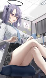 Rule 34 | 1girl, :o, doodle sensei (blue archive), bare legs, black skirt, blue archive, blue necktie, blush, crossed legs, feet out of frame, halo, highres, indoors, looking at viewer, miho (user7939139), necktie, partition, purple eyes, purple hair, red pupils, sensei (blue archive), shirt, sitting, skirt, solo, two side up, white shirt, yuuka (blue archive)