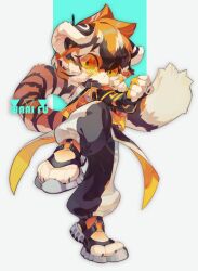 Rule 34 | 1girl, animal ears, arknights, black pants, character name, clenched hands, commentary, fighting stance, full body, furry, furry female, leg up, looking at viewer, moonagvaze, orange eyes, pants, short hair, solo, symbol-only commentary, tail, tiger ears, tiger girl, tiger tail, toeless footwear, waai fu (arknights)
