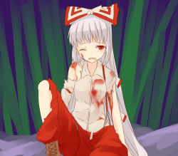 Rule 34 | 1girl, blood, blood on face, blood on clothes, boots, cross-laced footwear, dress shirt, female focus, fujiwara no mokou, hair ribbon, long hair, miyo (ranthath), one eye closed, open mouth, red eyes, ribbon, shirt, silver hair, solo, suspenders, tears, torn clothes, touhou, very long hair, wince