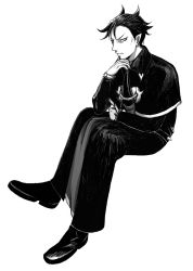 Rule 34 | 10s, 1boy, crossed legs, demon, from side, full body, greyscale, hand on own chin, looking away, mairimashita! iruma-kun, male focus, monochrome, naberius kalego, pointy ears, simple background, sitting, solo, stroking own chin, thinking, tsurime, white background