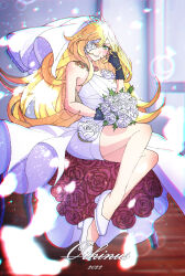 Rule 34 | 1girl, 2022, absurdres, bare shoulders, black gloves, blonde hair, blue flower, blush, bouquet, breasts, bridal veil, character name, commentary, dress, english commentary, flower, flower eyepatch, gloves, green eyes, high heels, highres, holding, holding bouquet, long hair, looking at viewer, medium breasts, othinus, petals, ribbon, rose, sleeveless, sleeveless dress, smile, solo, thighs, toaru majutsu no index, toaru majutsu no index: imaginary fest, toaru majutsu no index: new testament, trebas, veil, wedding dress, white footwear, white ribbon